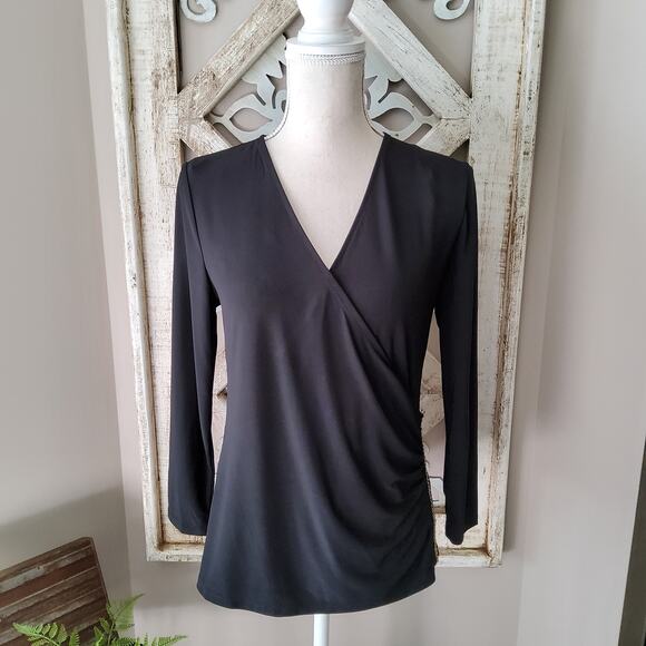 Nine West Women's Faux Wrap Chain Detail Surplice Top in Black - Picture 1 of 10